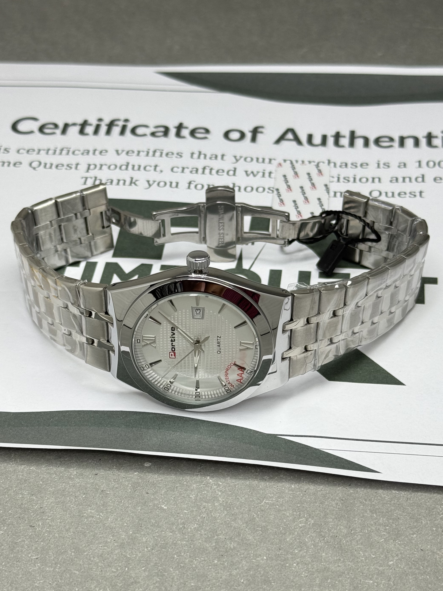 PORTIVE Luxury Men's Stainless Steel Chain Round Dial Quartz Wrist Watch with Date Display