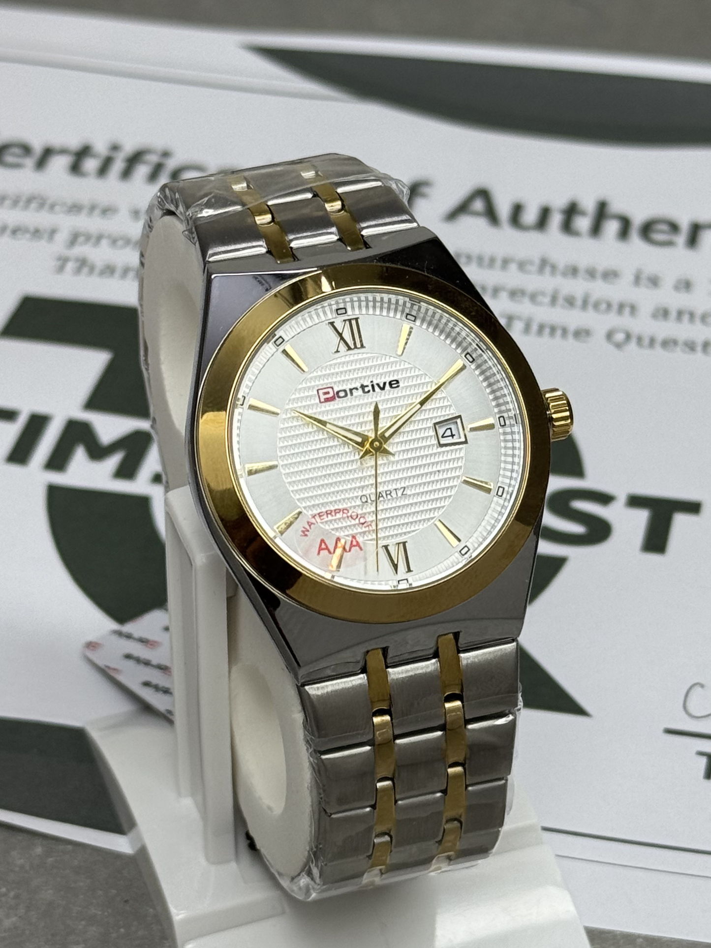 PORTIVE Luxury Men's Stainless Steel Chain Round Dial Quartz Wrist Watch with Date Display