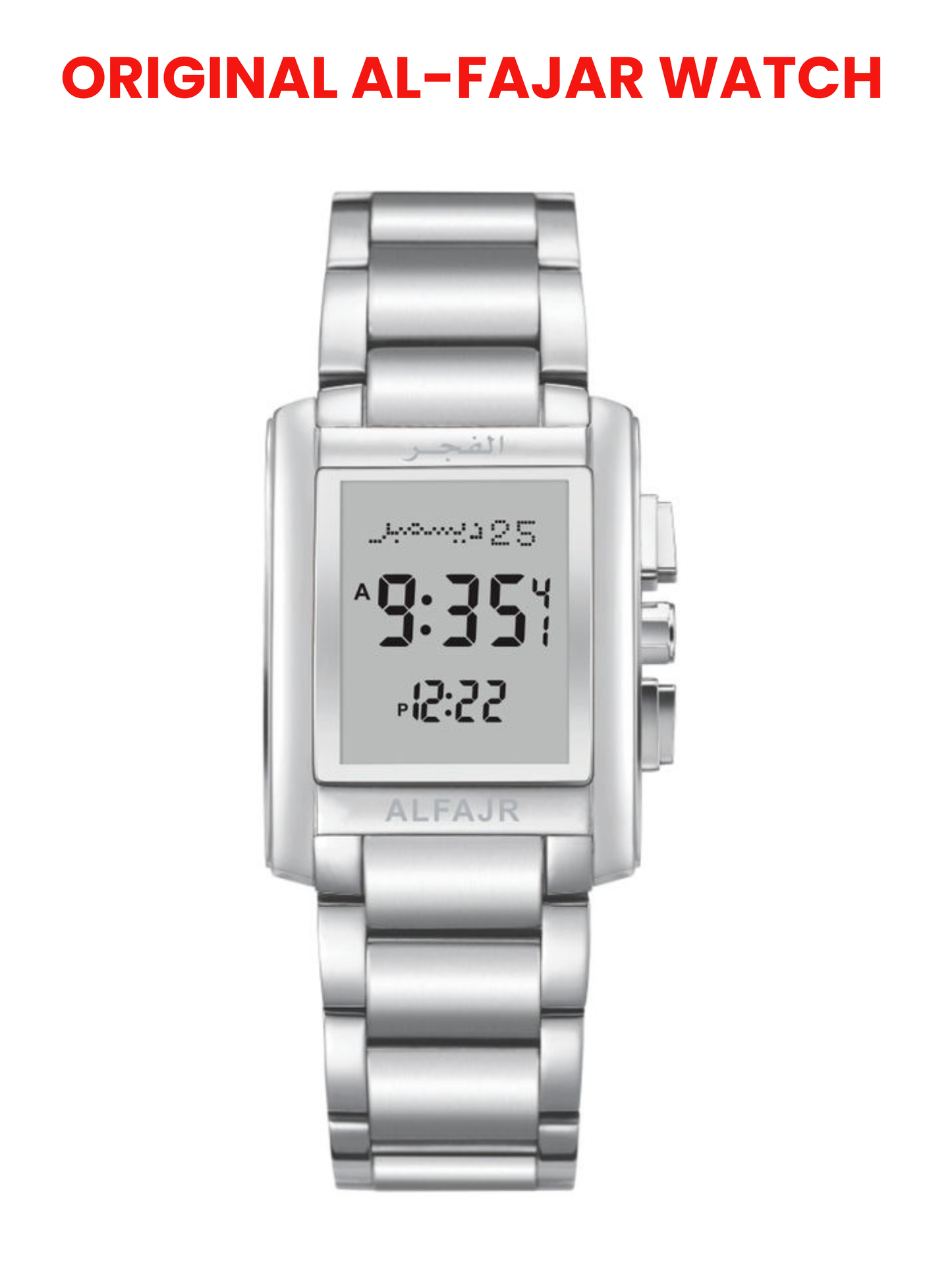 Al Fajar Original Stainless Steel Digital Watch For Men with Azan Prayer Alarm Qibla Direction and Hijri Calendar