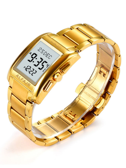 Al Fajar Original Stainless Steel Digital Watch For Men with Azan Prayer Alarm Qibla Direction and Hijri Calendar