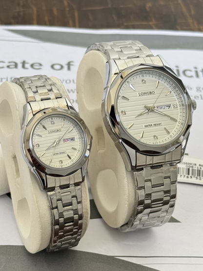 Longbo Elegant Couple Chain Watches With Analog Quartz movement Day & Date Display