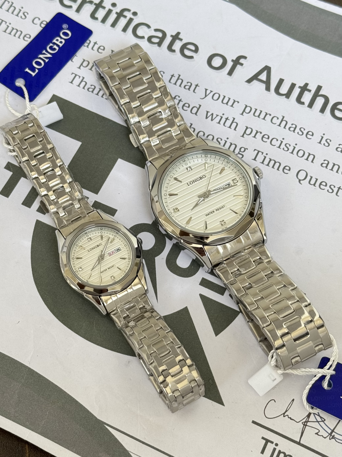 Longbo Elegant Couple Chain Watches With Analog Quartz movement Day & Date Display