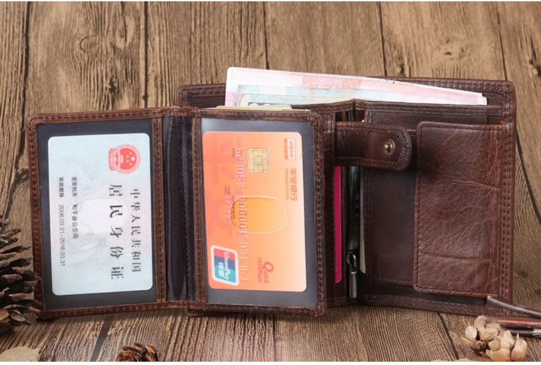 Crazy Horse Men Genuine Leather Business Wallet Coin Zipper