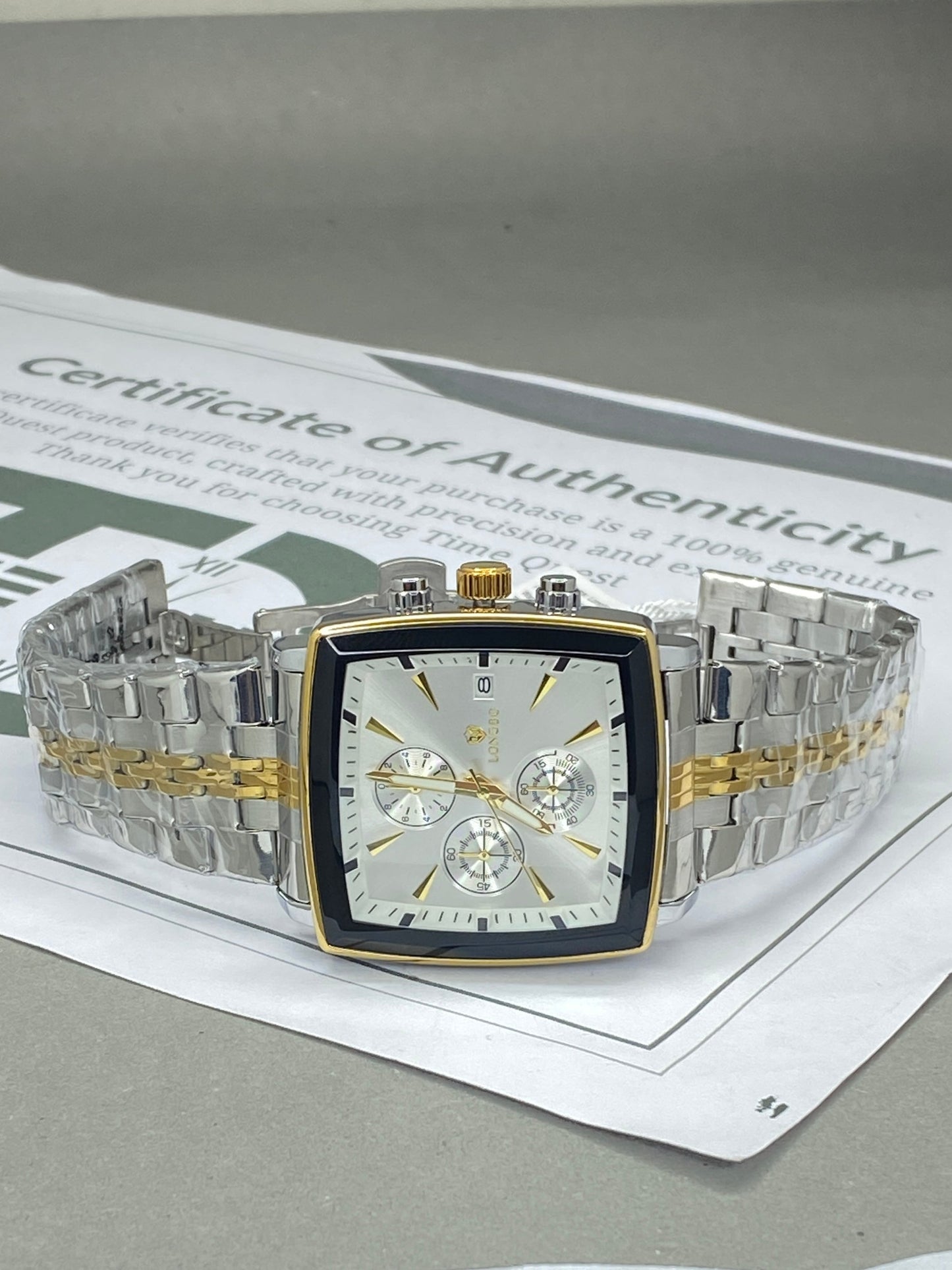 LONGBO Men’s Square Dial Chronograph Watch in Premium Stainless Steel Chain with Date Display