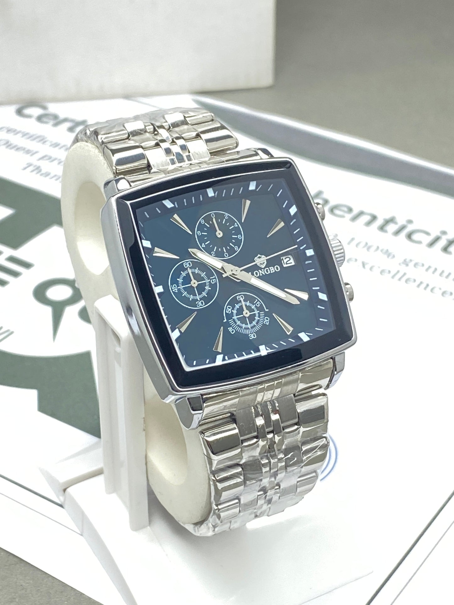 LONGBO Men’s Square Dial Chronograph Watch in Premium Stainless Steel Chain with Date Display