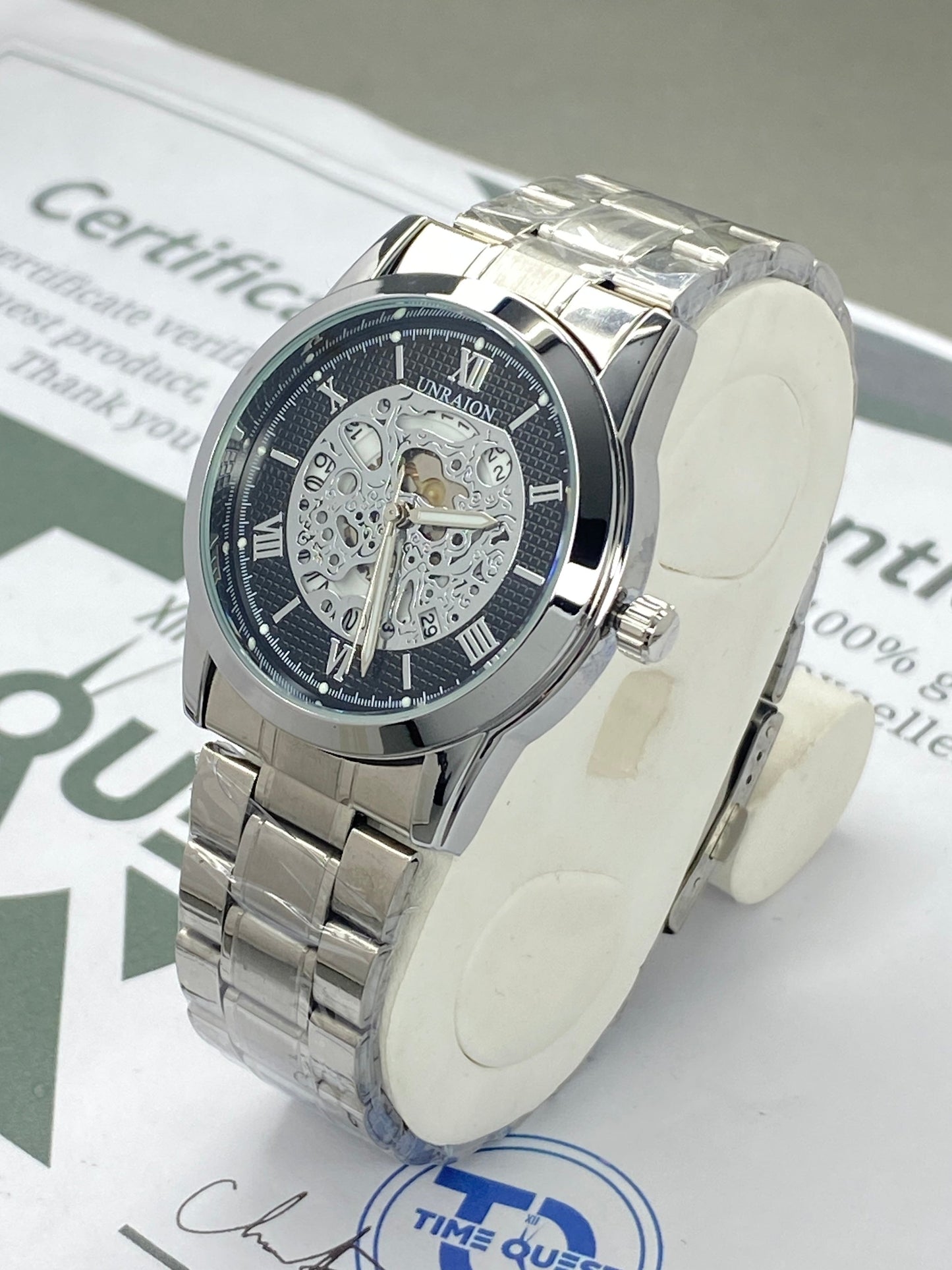 UNRAION Analog Skeleton Dial Stainless Steel Chain Watch for Men with Quartz Movement Date Display