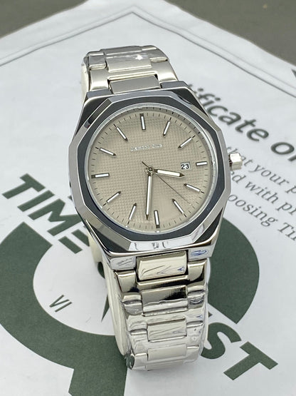 Classic Octagonal Dial Stainless Steel Analog Quartz Chain Watch for Men with Date Display